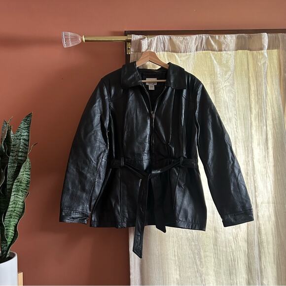 Vintage East 5th 100% Genuine Leather Black Jacket Collar Belt Tie Coat Size XL - Picture 1 of 6